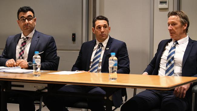 Slater alongside Craig Bellamy and lawyer Nick Ghabar. (AAP Image/Brendan Esposito)