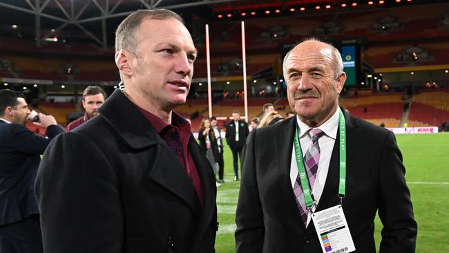 Rugby league icon Wally Lewis (right) with fellow legend of the game Darren Lockyer. Picture: Bradley Kanaris/Getty Images