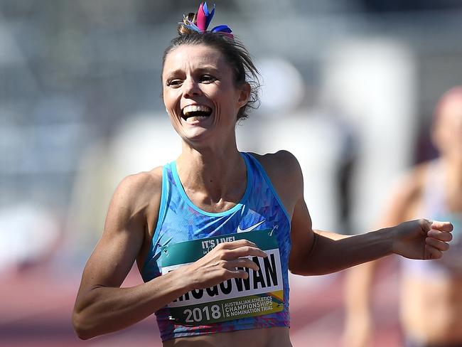 GOLD COAST, AUSTRALIA - FEBRUARY 18:  Brittany McGowan celebrates winning the final of the Women's 800m event during the Australian Athletics Championships & Nomination Trials at Carrara Stadium on February 18, 2018 in Gold Coast, Australia.  (Photo by Bradley Kanaris/Getty Images)