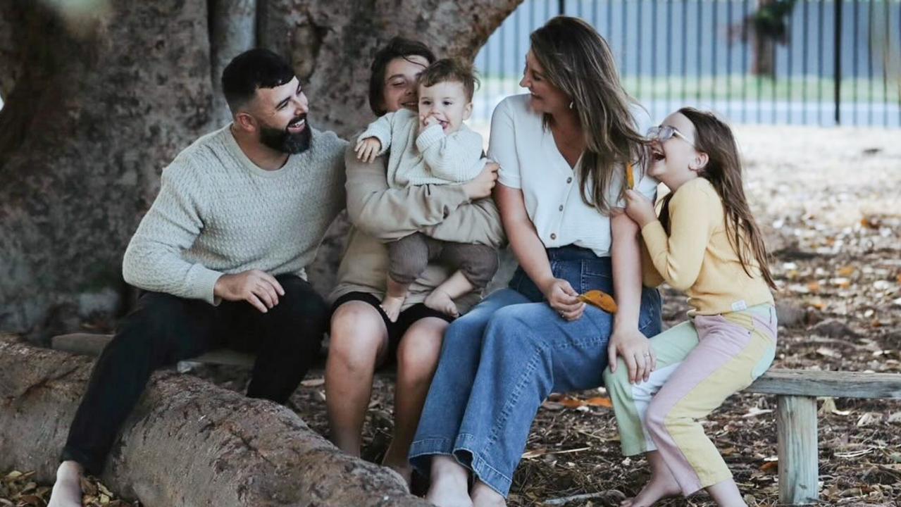 Arlo Van Ellery, who was born with a heart condition called transposition of the great arteries (TGA) with his family, siblings Hunter Jones and Winter Ellery and parents Todd and Katelyn Ellery. Picture: Supplied by family