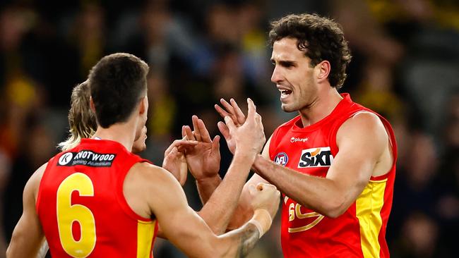 MELBOURNE, AUSTRALIA - APRIL 30: Ben King of the Suns celebrates a goal during the 2023 AFL Round 07 match between the Richmond Tigers and the Gold Coast Suns at Marvel Stadium on April 30, 2023 in Melbourne, Australia. (Photo by Dylan Burns/AFL Photos via Getty Images)