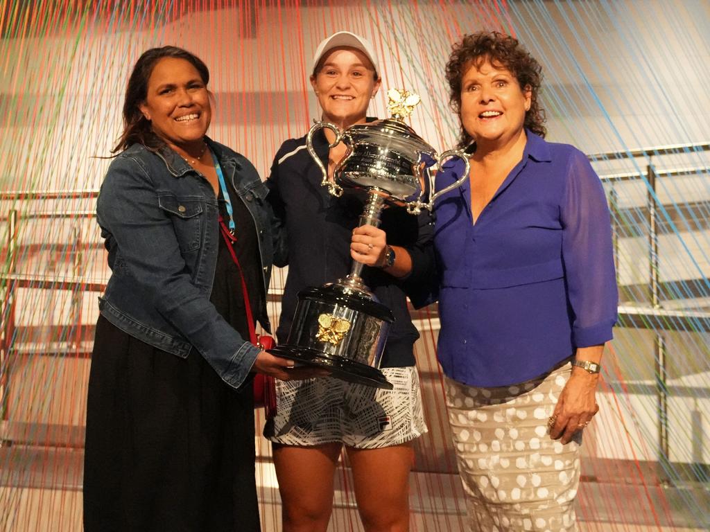 Ash Barty with Cathy Freeman, left, and Evonne Goolagong Cawley after winning the Australian Open. Picture: Scott Barbour/Tennis Australia