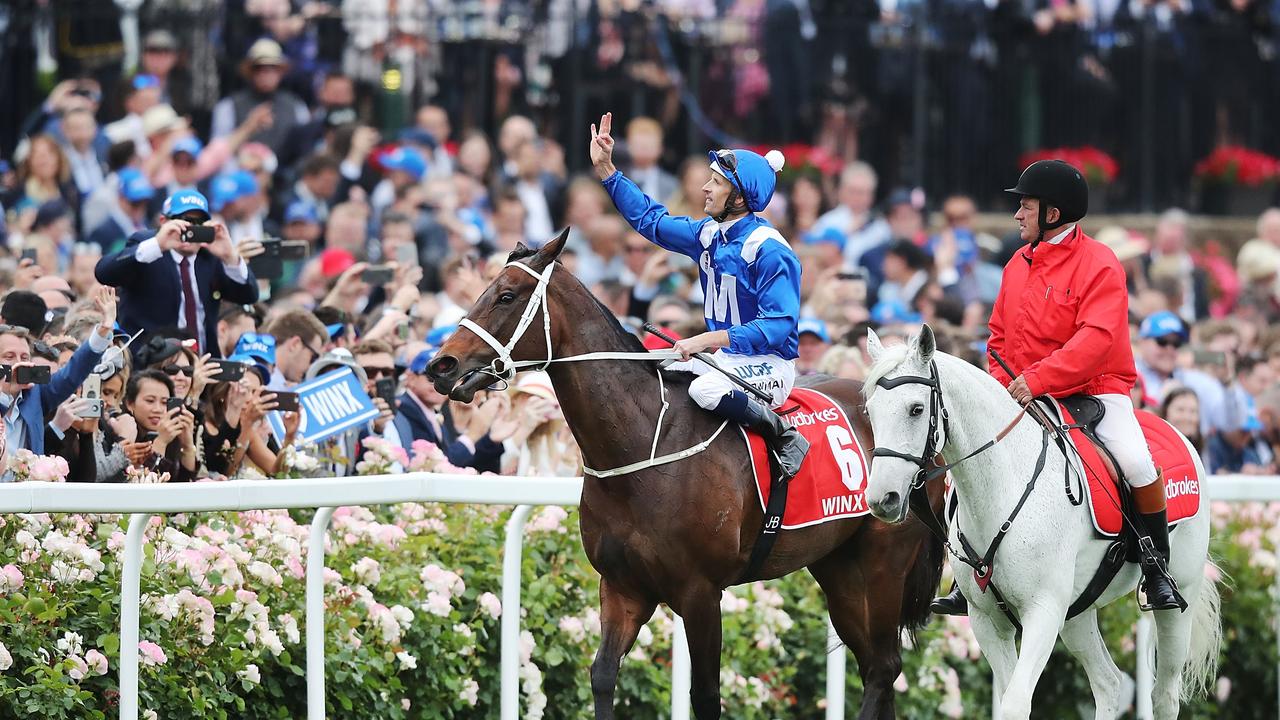 Jockey Hugh Bowman, riding Winx, after winning race 9 at last year’s Cox Plate at Moonee Valley Racecourse. Picture: Michael Dodge/Getty Images