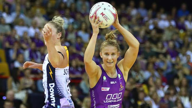 Mahalia Cassidy of the Firebirds catches the ball during a match between the Firebirds and the Lightning at Brisbane Entertainment Centre. Picture: Chris Hyde/Getty Images