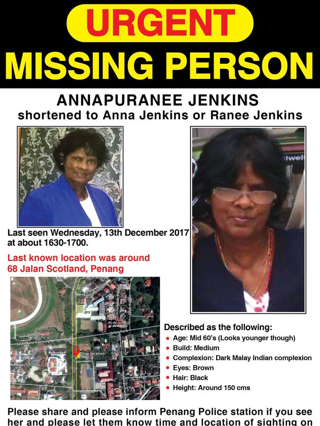 The missing persons poster of Annapuranee Jenkins, which a concerned local used to contact her family about the Penang construction site discovery.