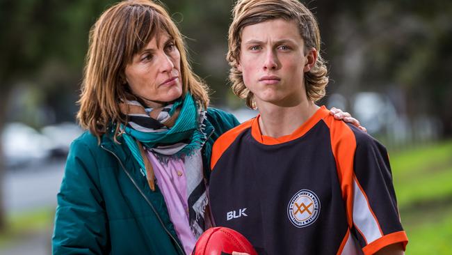 Junior footballer Elliot Perkins, 15, and his mum Victoria. Picture: Jake Nowakowski