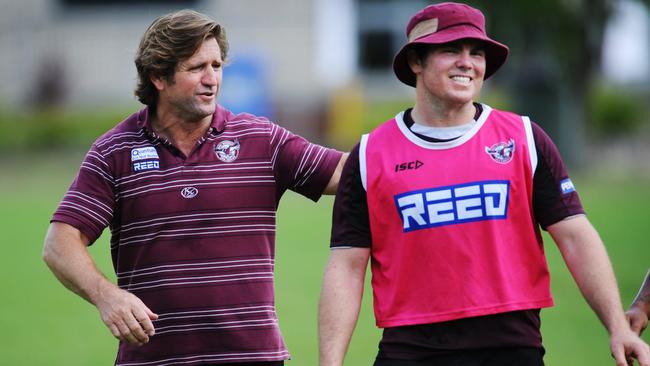 Manly Warringah Sea Eagles coach Des Hasler chats with Jamie Lyon during training at the Sydney Academy of Sport, Narrabeen. NRL/