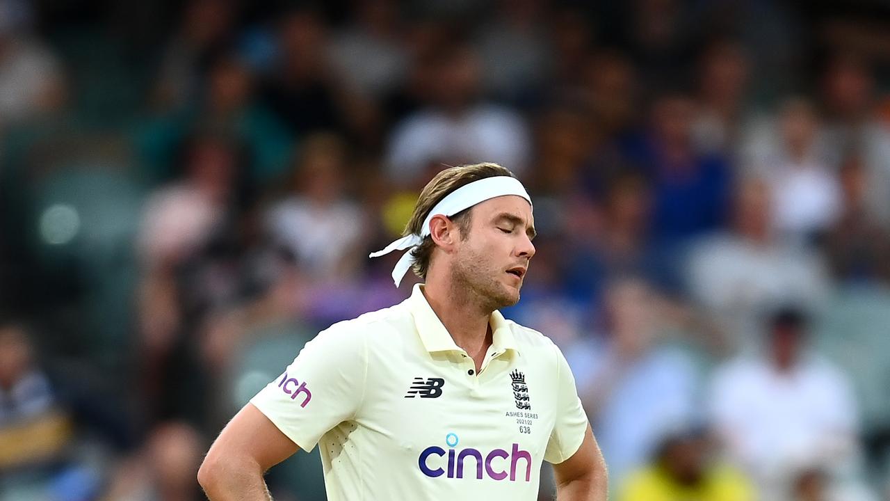 ADELAIDE, AUSTRALIA - DECEMBER 17: Stuart Broad of England reacts during day two of the Second Test match in the Ashes series between Australia and England at the Adelaide Oval on December 17, 2021 in Adelaide, Australia. (Photo by Quinn Rooney/Getty Images)