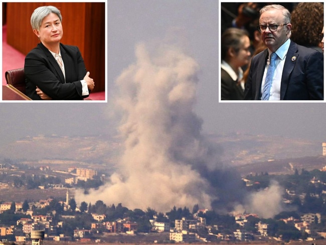 Foreign Minister Penny Wong, Prime Minister Anthony Albanese and the site of an Israeli strike in southern Lebanon