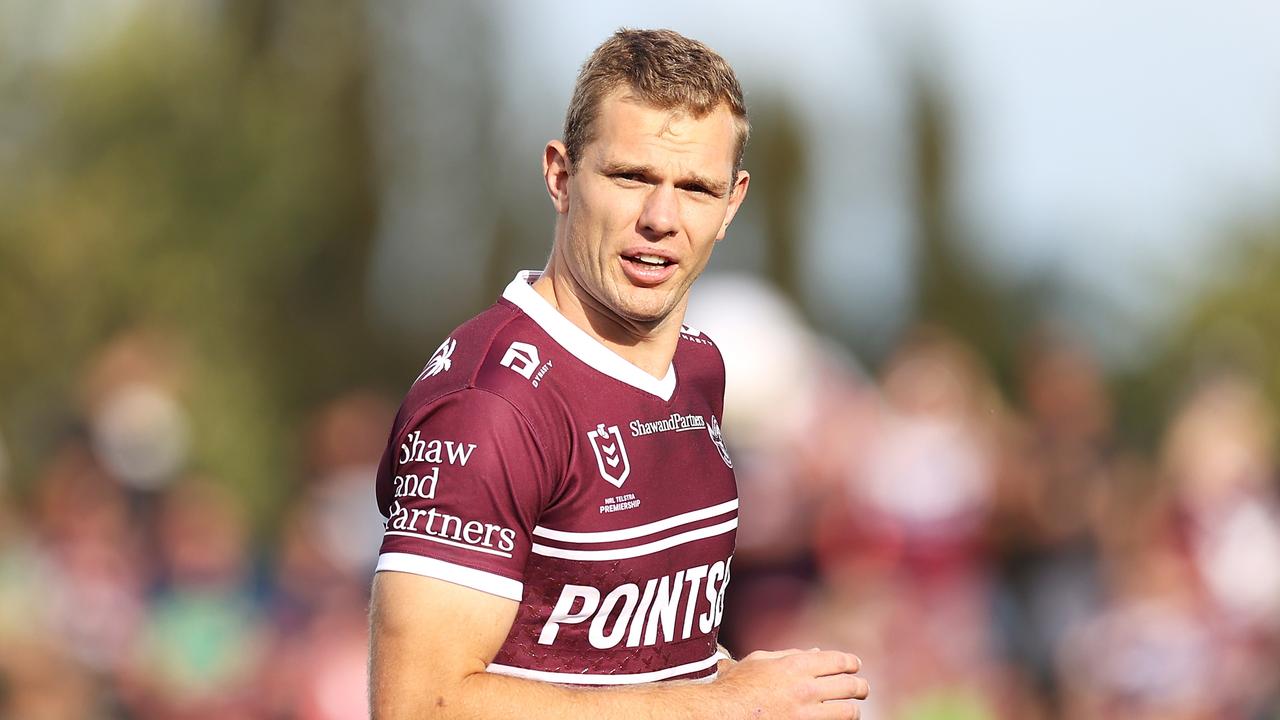 MUDGEE, AUSTRALIA - APRIL 02: Tom Trbojevic of the Sea Eagles looks on during the warm-up before the round four NRL match between the Manly Sea Eagles and the Canberra Raiders at Glen Willow Sporting Complex, on April 02, 2022, in Mudgee, Australia. (Photo by Mark Kolbe/Getty Images)