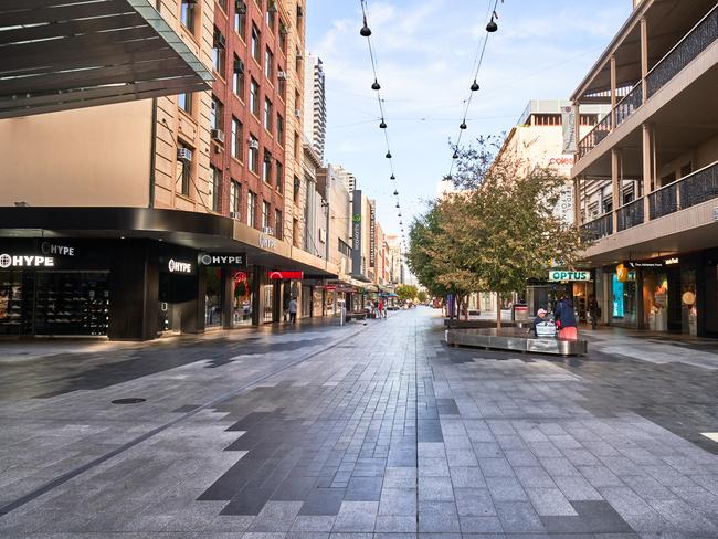 Empty Rundle Mall in Adelaide, Saturday, March 28, 2020. Picture: MATT LOXTON