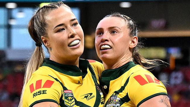 BRISBANE, AUSTRALIA - OCTOBER 18: Julia Robinson of the Jillaroos celebrates after scoring a try during the women's 2024 Pacific Championships match between Australia Jillaroos and PNG Orchids at Suncorp Stadium on October 18, 2024 in Brisbane, Australia. (Photo by Bradley Kanaris/Getty Images)