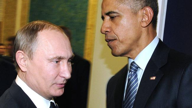 Russian President Vladimir Putin and then US president Barack Obama on the sidelines of the UN conference on climate change in 2015. Picture: AFP