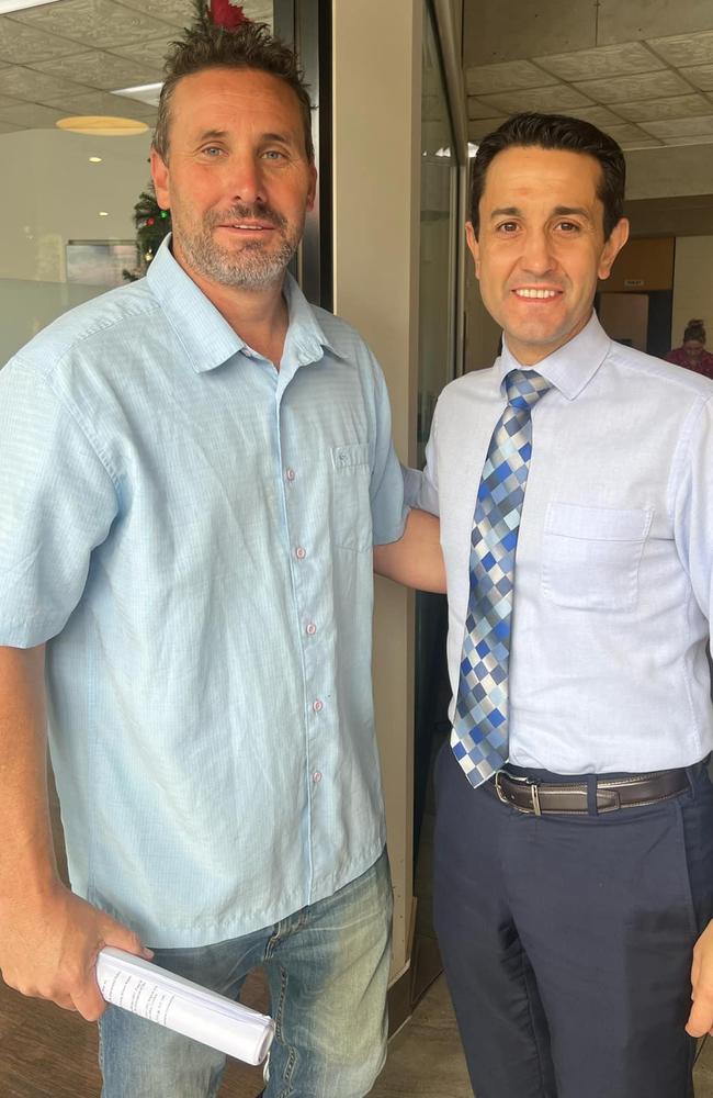 Premier David Crisafulli with Daniel Beattie in Maryborough on Wednesday morning, December 4, meeting with concerned residents and businesses about the crime crisis in the city.