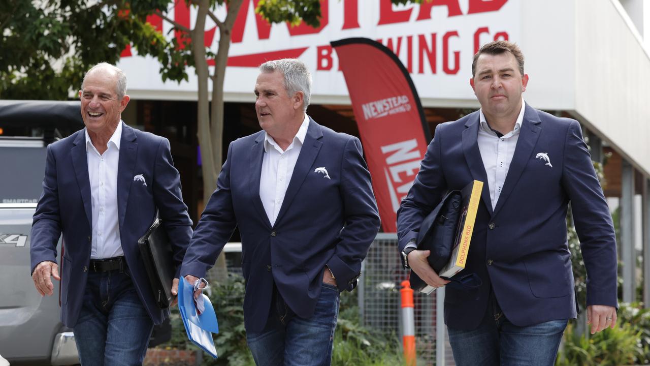 Redcliffe Dolphins Chairman Bob Jones, CEO Tony Murphy, and Bid chief Terry Reader at QRL headquarters. Picture: Lachie Millard