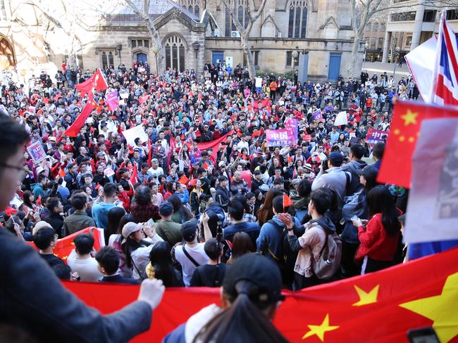 A rally outside Sydney’s Town Hall in support of China maintaining control over Hong Kong. Picture: Tim Hunter.