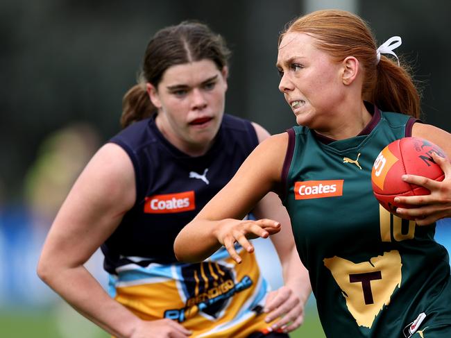 MELBOURNE, AUSTRALIA - APRIL 08: Meg Harrison of Tasmania in action during the round four Coates Talent League Girls match between Bendigo Pioneers and Tasmania Devils at Arden Street Ground on April 08, 2023 in Melbourne, Australia. (Photo by Jonathan DiMaggio/AFL Photos/via Getty Images)