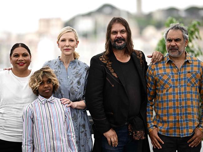 At the Cannes premiere of The New Boy, from left, Deborah Mailman, Aswan Reid, Cate Blanchett, Warwick Thornton and Wayne Blair. Picture: Loic Venance/AFP