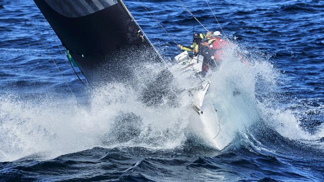 Conditions at sea were rough for the fleet. Here Sirene races towards Hobart.