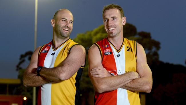 Shane Tuck (right) and current Goodwood coach Luke Donaldson pictured at Goodwood Oval in 2014. Picture: Sam Wundke