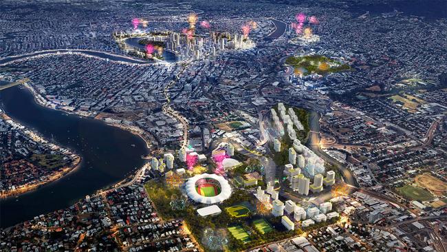 An artist's impression of fireowrks over a transformed Brisbane for the Olympic Games 2032.