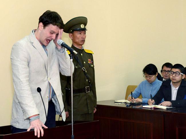 US student Otto Frederick Warmbier pictured at his trial. Picture: AFP/KCNA/KNS