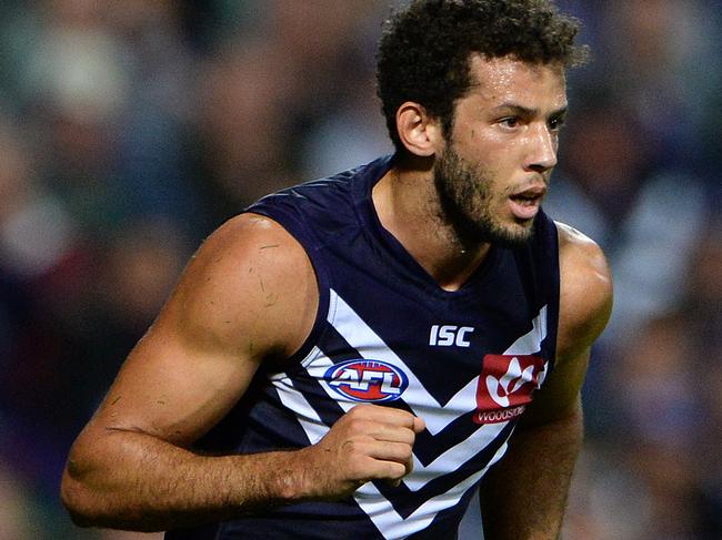 SPORT - AFL Round 6, Fremantle Dockers vs Essendon Bombers, Domain Stadium, Perth. Photo by Daniel Wilkins. PICTURED - Fremantle's Zac Clarke celebrates a goal in the first term