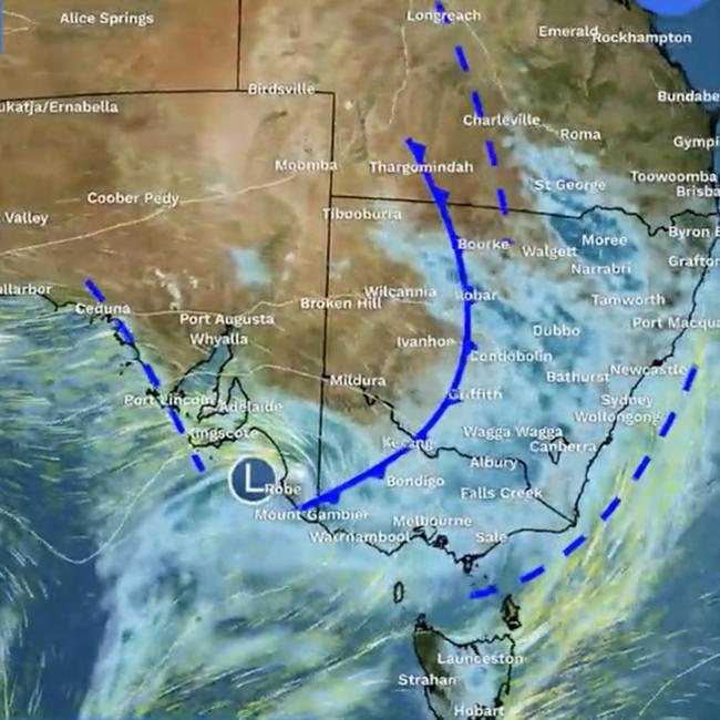 A rain system lingering over Adelaide is expected to sweep east. Picture: Bureau of Meteorology.