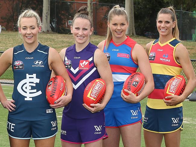 AFLW Season Launch and skippers with cup (they would not hold cup) GWS Amanda Farrugia Western Bulldogs Katie Brennan Melbourne Daisey Pearce Carlton Lauren Arnell Fremantle Kara Donnellan Collingwood Steph Chiocci Adelaide Chelsea Randall Brisbane Lions Emma Zielke Picture:Wayne Ludbey