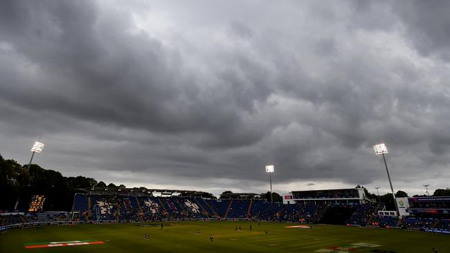 The match was played under brooding skies in Cardiff, with several hours delay for rain.