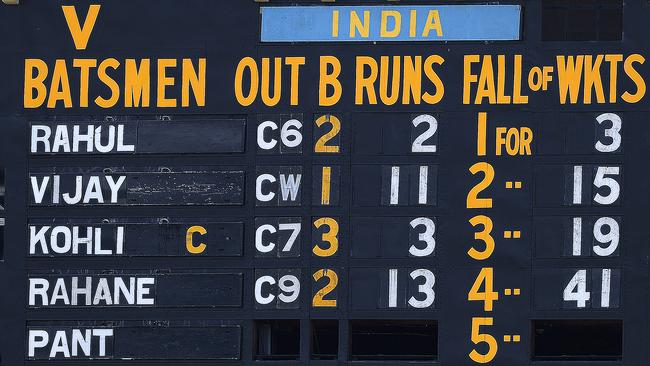 India’s fall of wickets shown on the Adelaide scoreboard. Picture: AAP