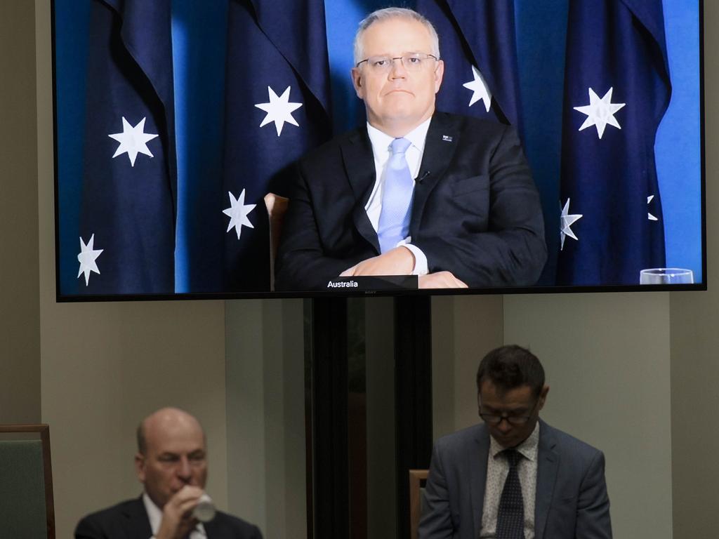 The Prime Minister Scott Morrison during Question Time via a screen in Parliament House Canberra. Picture: Gary Ramage