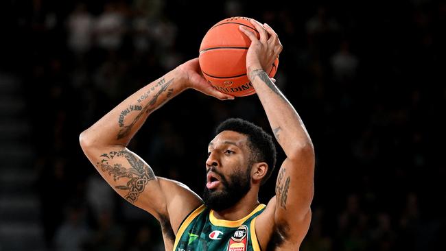 HOBART, AUSTRALIA - DECEMBER 17: Marcus Lee of the Jackjumpers looks to pass during the round 11 NBL match between Tasmania Jackjumpers and Sydney Kings at MyState Bank Arena, on December 17, 2023, in Hobart, Australia. (Photo by Steve Bell/Getty Images)