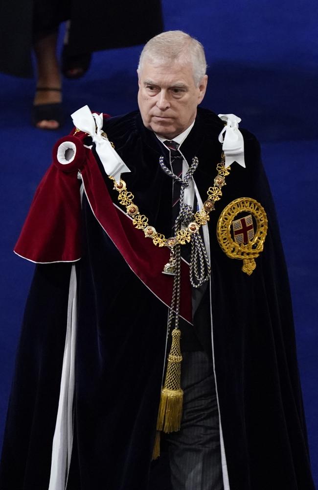 There was significant controversy after Prince Andrew emerged at the coronation in his Garter robes. Picture: Andrew Matthews – WPA Pool/Getty Images