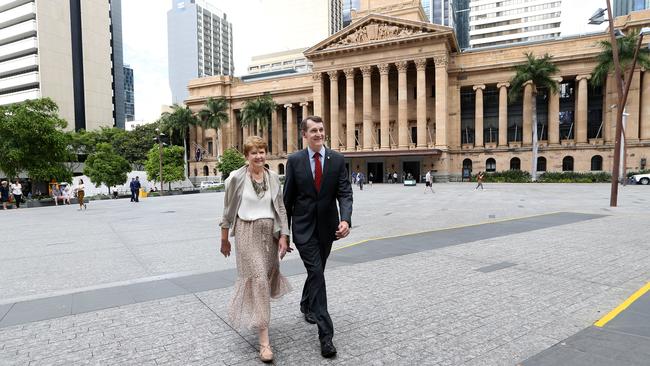 Brisbane Lord Mayor Graham Quirk and his wife Anne after announcing his retirement. Picture: Tara Croser