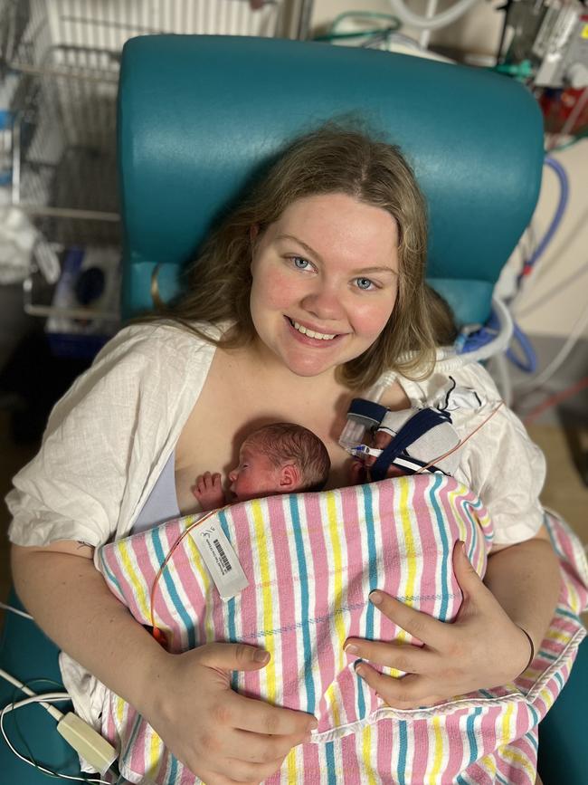 Estelle McDonald with her tiny twin girls. Picture: Supplied