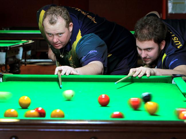 Australian 8-ball representatives L-R John Wheeler and Vijay Randall, John is Aust open captain, Vijay is U18 captain pictured at Snooker world at Mermaid Beach . Picture Mike Batterham