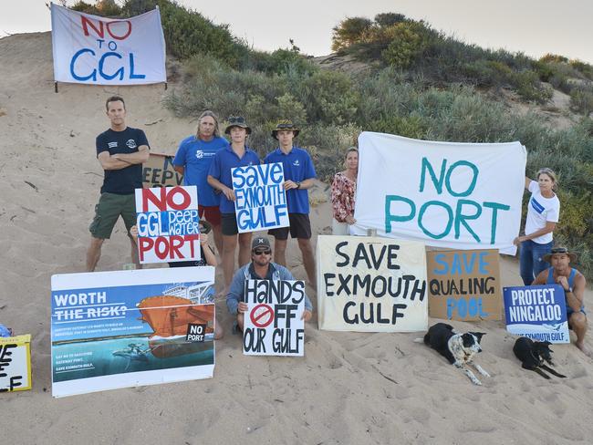 Director of Project Ningaloo Paul Gamblin (left) and author Tim Winton (second from left) with locals opposed to a proposed deep water port in Exmouth, Western Australia, in 2021. Picture: Frances Andrijich/The Australian