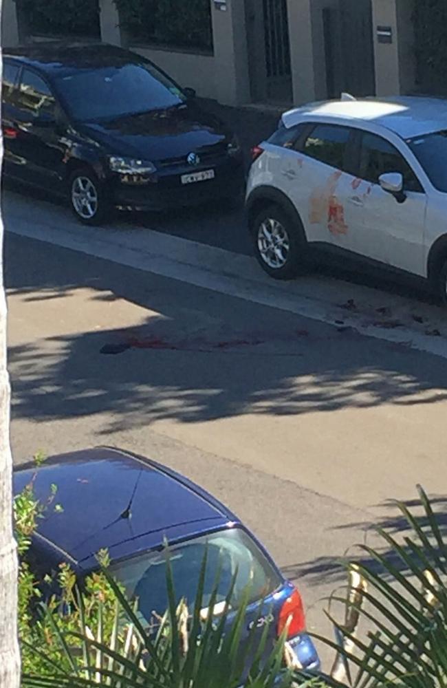 Blood is seen on the road and on a car near where a body was found at Forest Lodge. Picture: Supplied