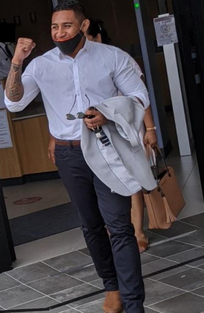 Beenleigh man Tamafaiga Nick Kepu pumps his fist upon being given immediate parole in Beenleigh Magistrates Court on Tuesday. Picture: Alex Treacy