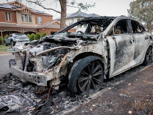 MELBOURNE, AUSTRALIA - NewsWire Photos - December 6, 2024: A family home in Bundoora has been sprayed with bullets and a vehicle parked nearby set on fire., Police are on the hunt for two unknown male offenders who set fire to the vehicle parked on Boadle Rd about 1am Friday., A number of shots were also fired into the front door of a property before the offenders fled the scene., Picture: NewsWire / Nadir Kinani