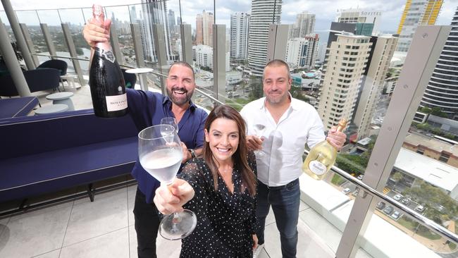 Nineteen at the Star rooftop bar and restaurant hospitality dream team Billy Cross and Jackie Cross with Simon Gloftis toasting 12 months since opening the Gold Coasts game changing swanky venue. Picture Glenn Hampson