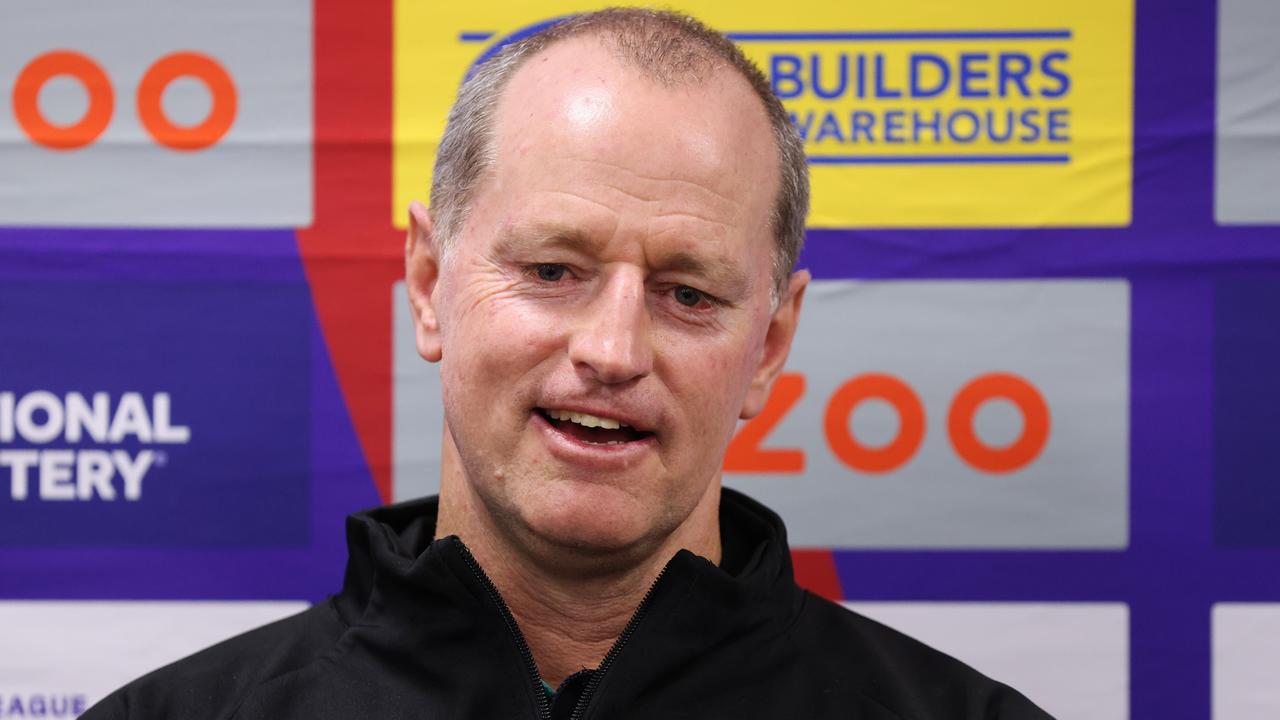 HULL, ENGLAND - OCTOBER 22: Michael Maguire, Head Coach of New Zealand speaks to the media in the post match press conference after their sides victory during the Rugby League World Cup 2021 Pool C match between New Zealand and Jamaica at MKM Stadium on October 22, 2022 in Hull, England. (Photo by George Wood/Getty Images for RLWC)