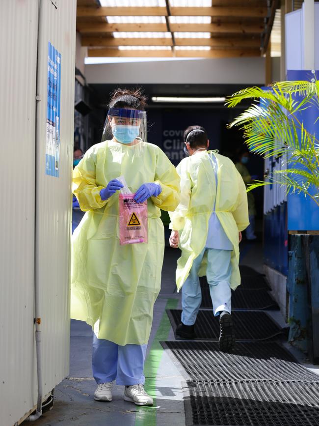 A nurse in protective gear works at a Covid-19 pop-up clinic at RPA Hospital in Sydney. Picture: NCA NewsWire / Gaye Gerard