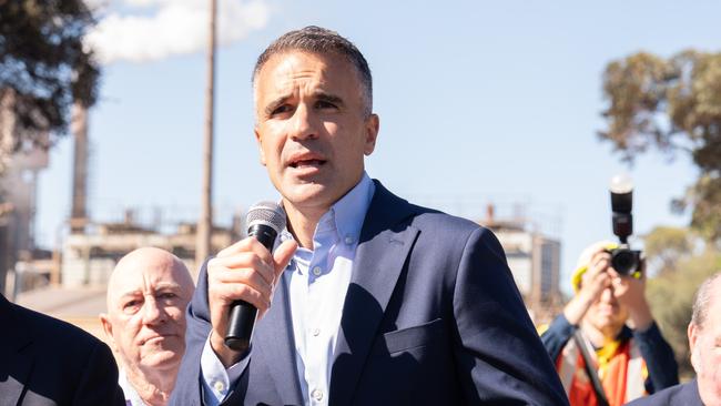 WHYALLA, AUSTRALIA - NewsWire Photos - 20 FEBRUARY, 2025: Australian Prime Minister Anthony Albanese and South Australian Premier Peter Malinauskas are pictured visiting with workers at Whyalla Steelworks in South Australia. Picture: NewsWire / Tim Joy