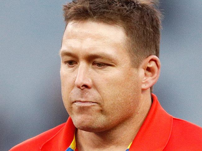 Suns head coach Stuart Dew is seen during the Round 20 AFL match between the Melbourne Demons and the Gold Coast Suns at the MCG in Melbourne, Sunday, August 5, 2018. (AAP Image/Daniel Pockett) NO ARCHIVING, EDITORIAL USE ONLY