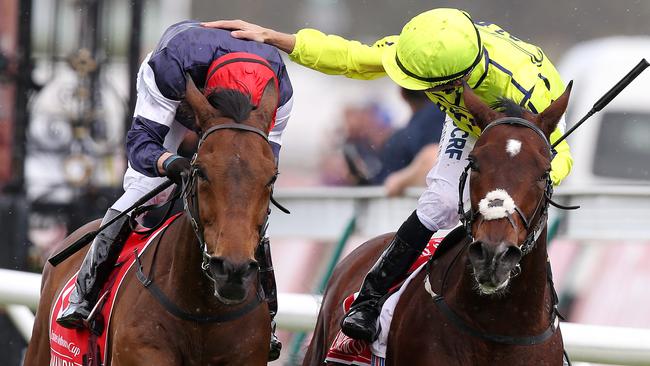 Heartbreak City jockey Joao Moreira reaches out to congratulate Melbourne Cup-winning jockey Kerrin McEvoy on Almandin, as the pair cross the line. Picture: Michael Klein