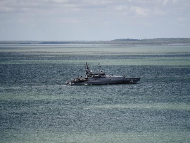 A ship is seen in the Darwin Harbour during the 77th Anniversary of the Bombing of Darwin on Tuesday, February 19, 2019. Picture: KERI MEGELUS