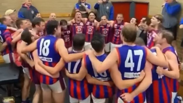 Upper Gully players belt out the song on Saturday. The club’s last win came in Round 13, 2021 - its only win that year before the season was cut short.