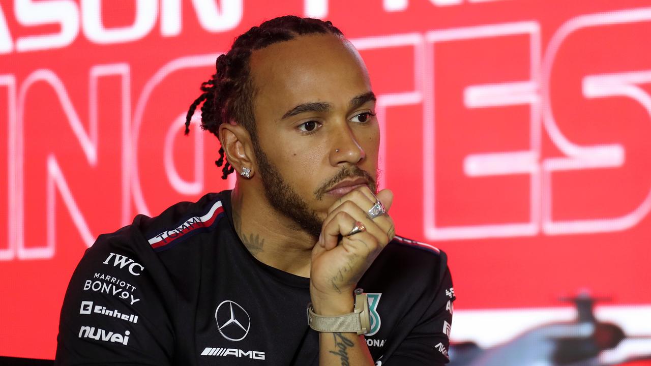 BAHRAIN, BAHRAIN - FEBRUARY 25: Lewis Hamilton of Great Britain and Mercedes attends the Drivers Press Conference during day three of F1 Testing at Bahrain International Circuit on February 25, 2023 in Bahrain, Bahrain. (Photo by Peter Fox/Getty Images)